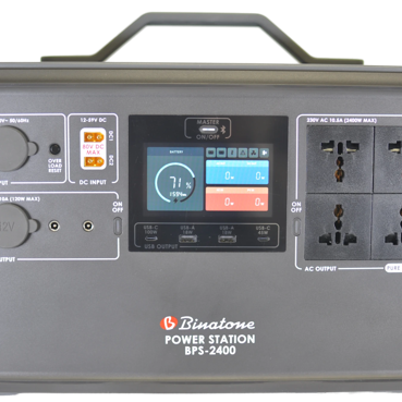 Binatone Portable Plug and Play Power Station Pro BPS-2400 with solar charging, fast USB ports, LED display, and compact design for outdoor use