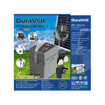 Duravolt 5-in-1 Solar Power Rechargeable Pack + 12" DC table fan SRP-1245
