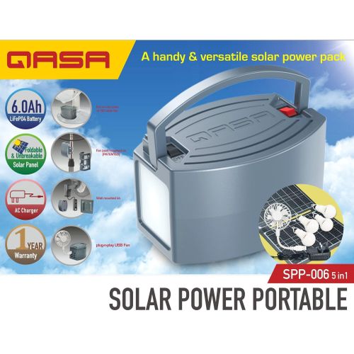 Qasa Solar Power Portable 12.8V LiFePO4 Battery with 20W foldable panel, 4 LED bulbs, mini fan SPP-006 5in1 for efficient off-grid lighting