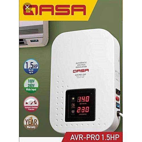 Qasa Wall Mount Stabilizer Model AVR Pro 1.5HP, advanced voltage control, overload protection, digital display, durable build