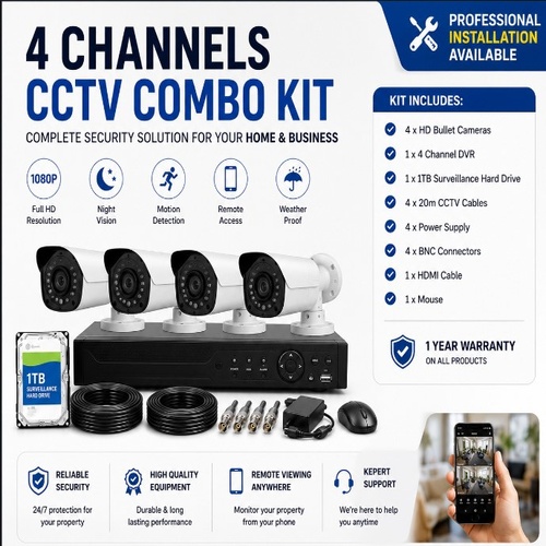 4 Channels CCTV Combo Kit featuring HD cameras, night vision, motion detection, remote access, and secure recording