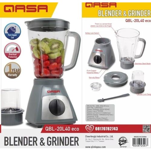 Qasa QBL-20L40 Eco Blender & Grinder* - 2-in-1 appliance for blending smoothies, juice, pepper, beans, dry grinding; durable motor, multi-speed control, easy clean