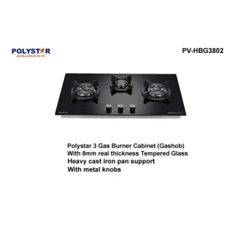 Polystar 3 Burner Built-In/Inbuilt Gas Hob With Tempered Glass | PV-JY3802
