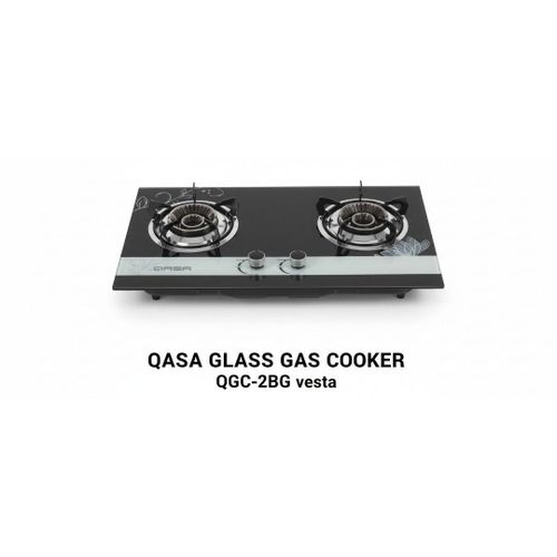 Qasa 2 burner tempered glass gas cooker QGC-2BG Vesta with efficient burners, stylish glass top, easy ignition, and durable design