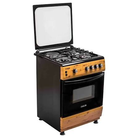 Scanfrost 60X60 cooker with 3 gas burners, 1 wok, 1 hot plate, wood finish, durable build, efficient heat, sleek design