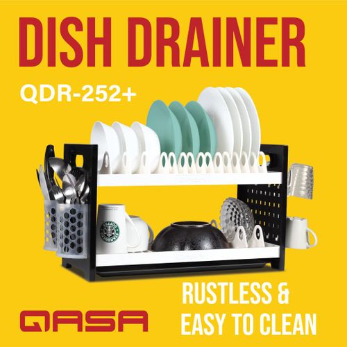 Qasa New Rustless 2 Tier Plastic Dish Drainer Plate Rack QDR-252+ with durable rust-free design, large capacity, and easy drainage system
