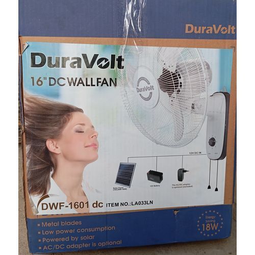 Duravolt 16" AC-DC 12V Wall Fan - 25W DWF-160 featuring dual power mode, energy-saving motor, durable design, and powerful airflow