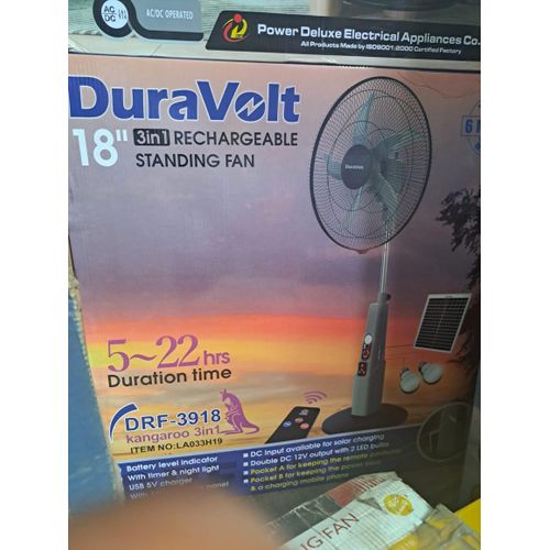 Fan DuraVolt 18 Inch 3in1 rechargeable standing fan with solar panel, remote control, 2 LED bulbs, USB port, durable design