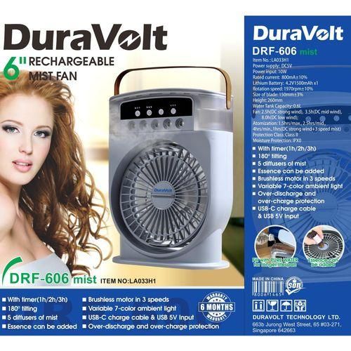Duravolt 6 Inches Rechargeable Water Mist Table Fan DRF-606 Mist with brushless motor, dual speed, humidifier, and long backup