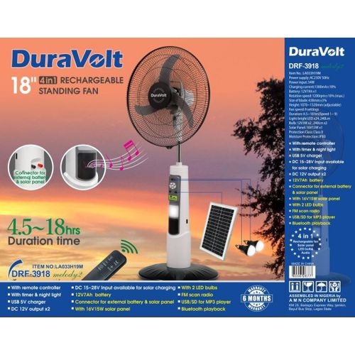 Duravolt DRF-3918 18" 4-in-1 rechargeable standing fan with solar panel, LED bulbs, and built-in audio system for energy-efficient cooling.