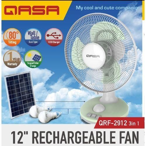 Qasa 12 Inches Rechargeable Table Fan With Solar And Bulbs QRF-2912 featuring strong airflow, solar charging, LED bulbs, and long battery life