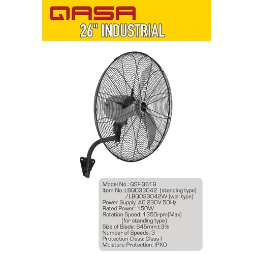 "Qasa 26 Industrial Wall Fan 150W QSF-2619, durable metal blades, powerful air delivery, 3-speed settings, energy efficient"
