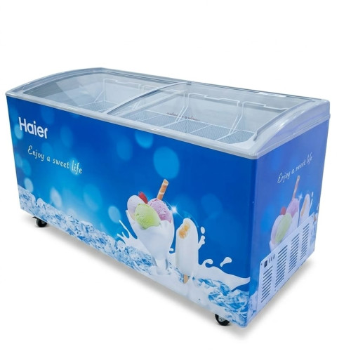 Haier Thermocool Large Ice Cream Showcase Freezer SD-517L with transparent curved glass lid, white exterior, interior LED lighting, and spacious compartments for displaying frozen desserts in commercial settings