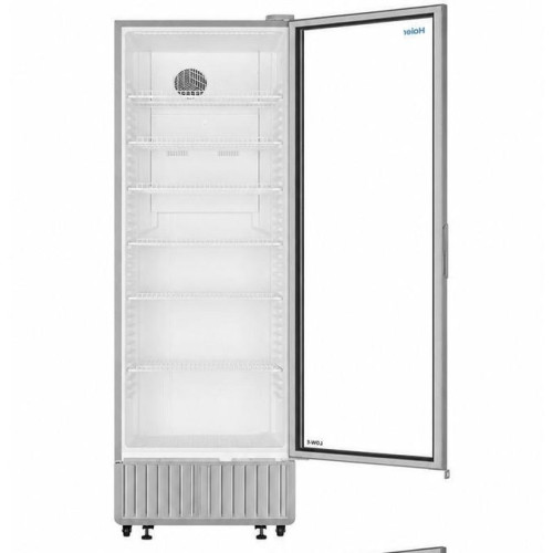 Haier Thermocool SC-412H beverage chiller with transparent glass door, stainless steel body, interior LED lighting, and multiple beverage shelves for cooling drinks