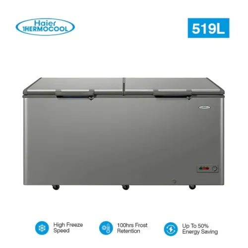 Thermocool 519 liters double door inverter chest freezer HTF-519IS R6 SLV in sleek silver finish with dual top-opening lids and energy-efficient design for large food storage
