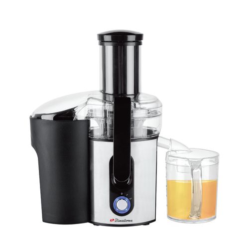 Binatone 2 Litres (JE-1000) Turbo Powered Juice Extractor with stainless steel blades, dual speed control, and large pulp container.