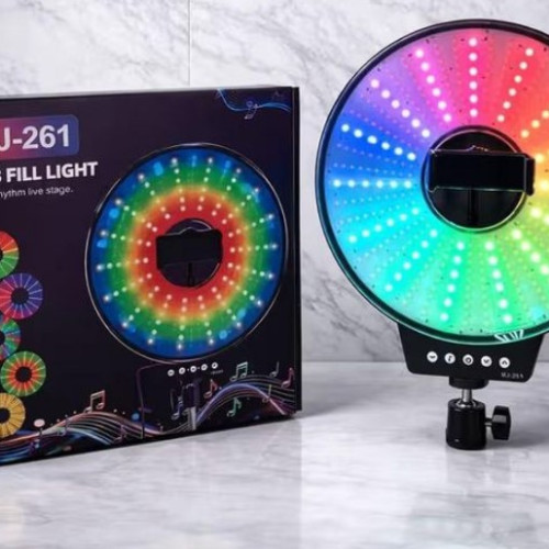 MJ-261 26cm RGB LED ring fill light with 2.1m tripod stand and music lighting effect for content creation and podcasting