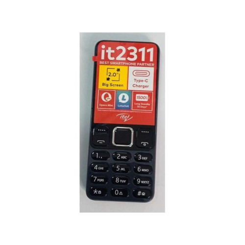 itel it2311 Dual SIM feature phone with 2.0-inch display, compact black body, numeric keypad, rear camera, and Type-C charging port shown in front and side view
