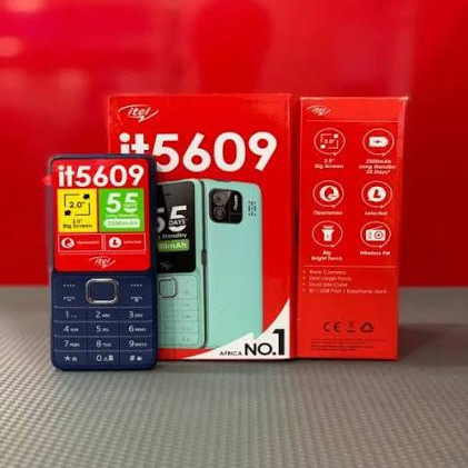 itel It5600 phone with dual SIM card ports, classic bar design, small color screen, keypad buttons, built-in torch light, and wireless FM radio feature displayed on front view
