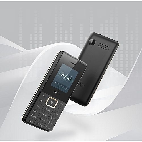 itel It5606 mobile phone with 2500mAh big battery, dual SIM slots, wireless FM and Facebook support, featuring a compact black bar design with physical keypad and bright display