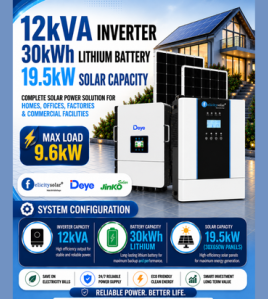 12kVA Inverter / 30kWh Lithium Battery / 19.5kW Solar Capacity