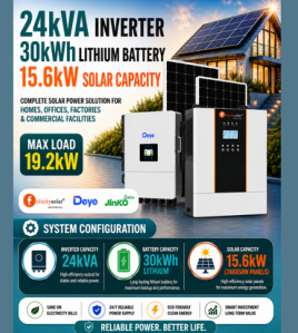 24kVA Inverter / 30kWh Lithium Battery / 15.6kW Solar Capacity