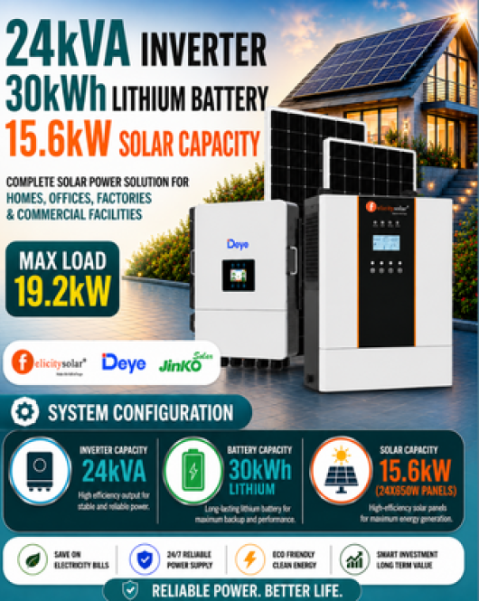 24kVA Inverter / 30kWh Lithium Battery / 15.6kW Solar Capacity 24kVA Inverter / 30kWh Lithium Battery / 15.6kW Solar Capacity