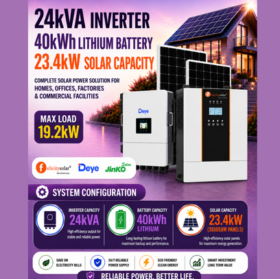24kVA Inverter 40kWh Lithium Battery 23.4kW Solar Capacity Available Online at Tradezone.ng