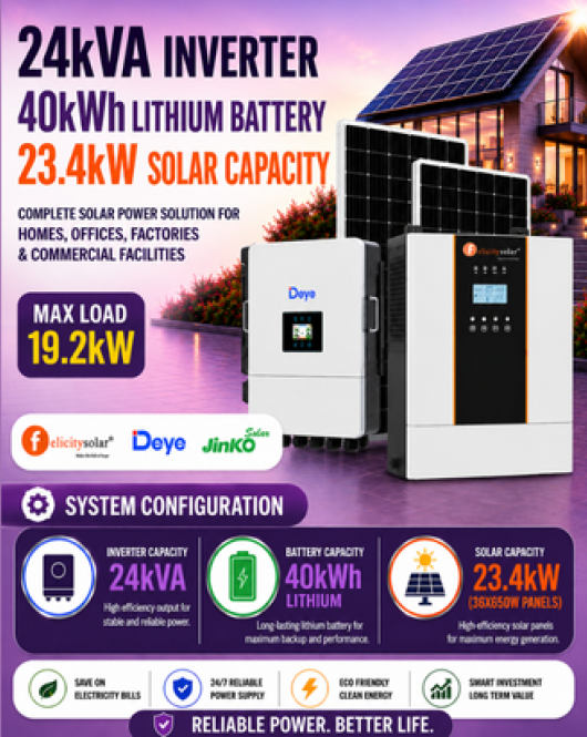 24kVA Inverter / 40kWh Lithium Battery / 23.4kW Solar Capacity 24kVA Inverter / 40kWh Lithium Battery / 23.4kW Solar Capacity