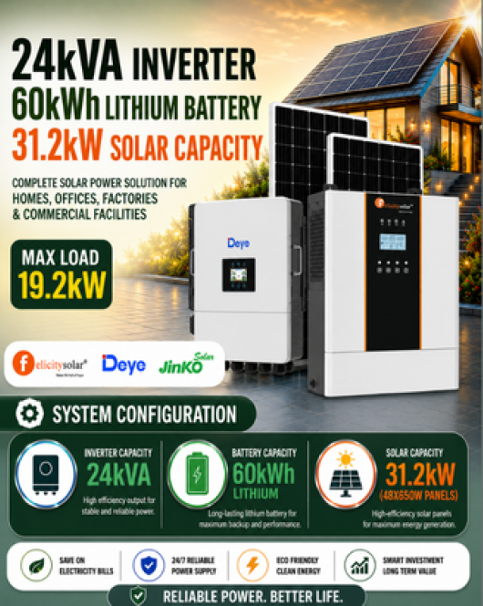 24kVA Inverter / 60kWh Lithium Battery / 31.2kW Solar Capacity 24kVA Inverter / 60kWh Lithium Battery / 31.2kW Solar Capacity
