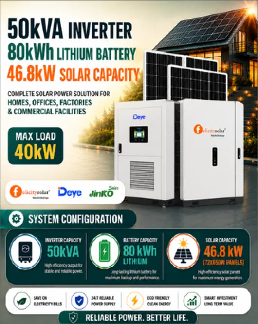 50kVA Inverter / 80kWh Lithium Battery / 46.8kW Solar Capacity 50kVA Inverter / 80kWh Lithium Battery / 46.8kW Solar Capacity