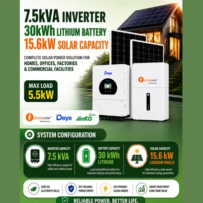 7.5kVA Inverter 30kWh Lithium Battery 15.6kW Solar Capacity Available Online at Tradezone.ng