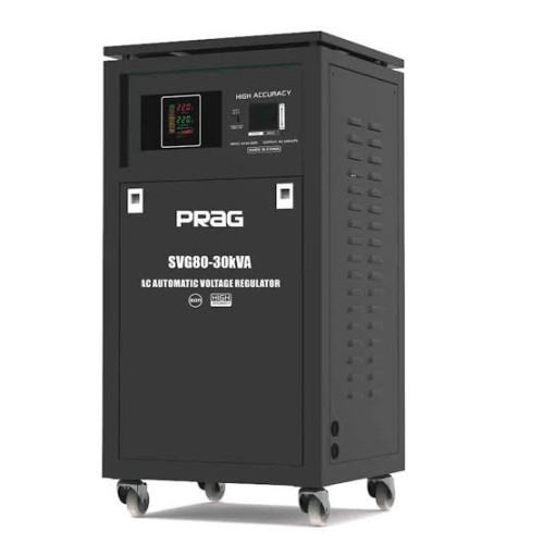 PRAG 30KVA Servo Voltage Stabilizer (80-260V) SVG80-30K ensures stable voltage, digital control, high efficiency, and durable design.